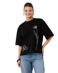 Two Flowers Crop Oversize Siyah T-Shirt