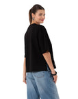 Two Flowers Crop Oversize Siyah T-Shirt