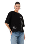 Two Flowers Crop Oversize Siyah T-Shirt