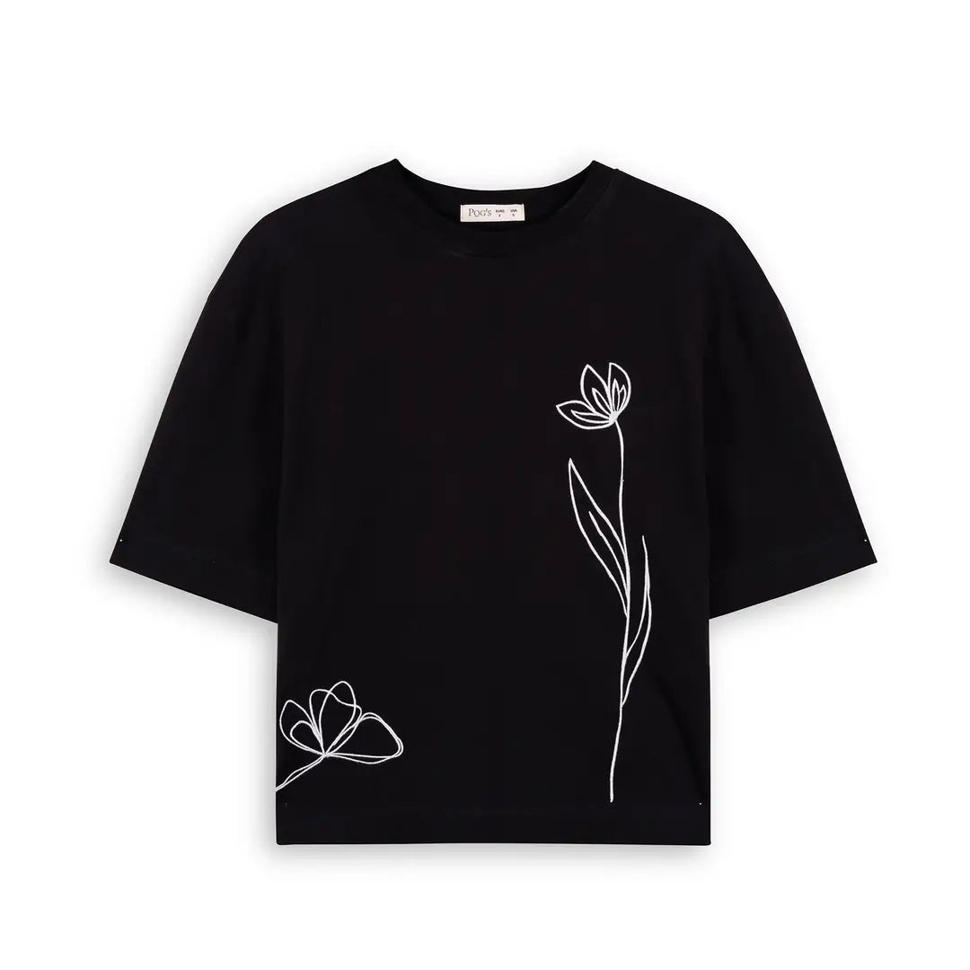 Two Flowers Crop Oversize Siyah T-Shirt