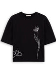 Two Flowers Crop Oversize Siyah T-Shirt