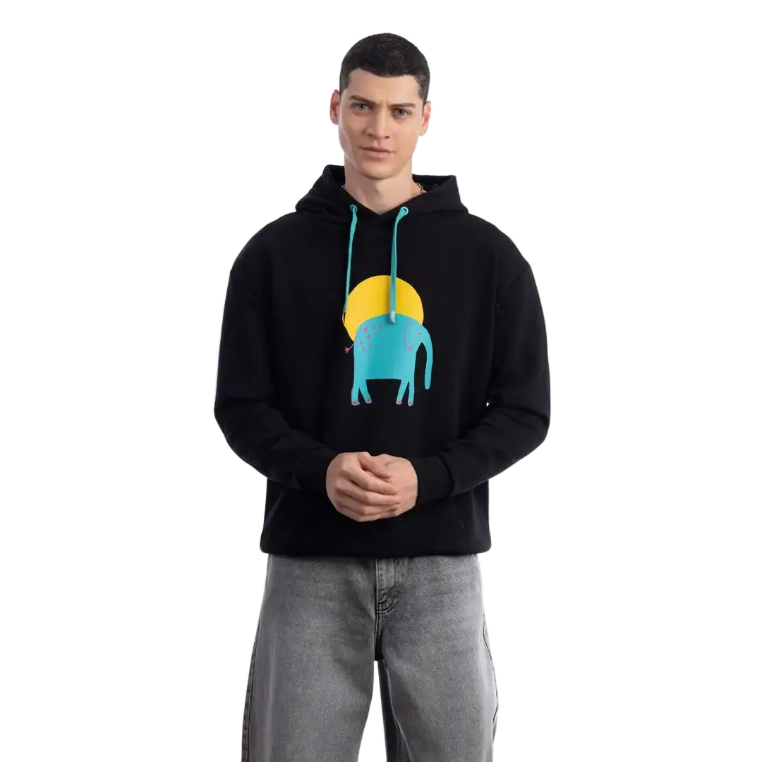 Elephant Kapüşonlu Siyah Sweatshirt