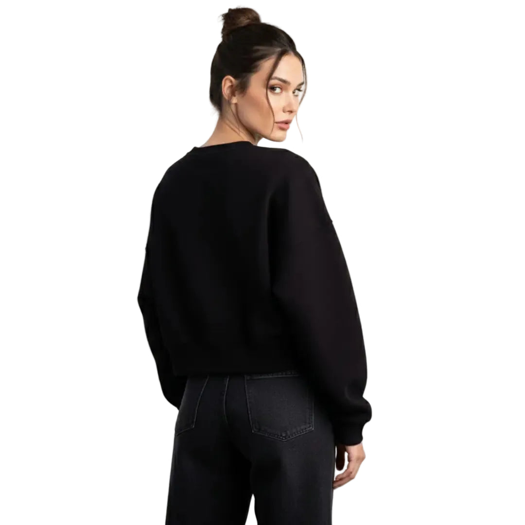 Black Crop Oversize Nakış Detaylı Sweatshirt