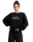 Black Crop Oversize Nakış Detaylı Sweatshirt