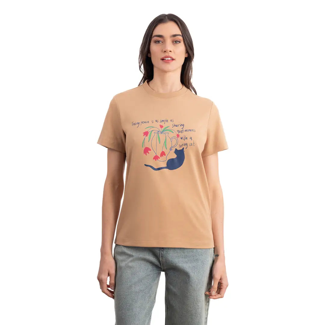 Cat Regular Açık Kahve T-Shirt