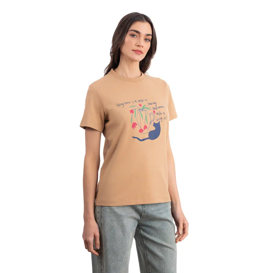 Cat Regular Açık Kahve T-Shirt