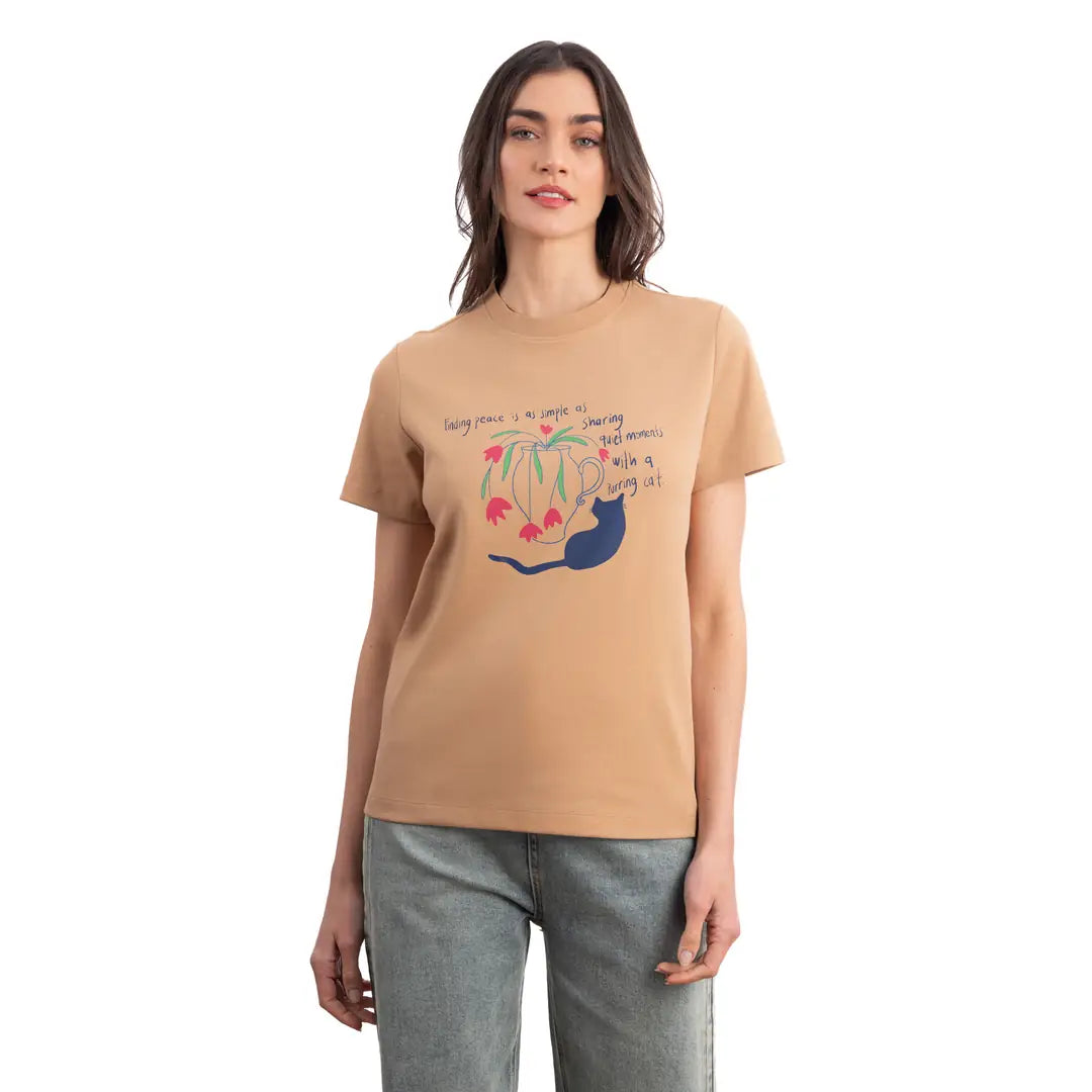 Cat Regular Açık Kahve T-Shirt