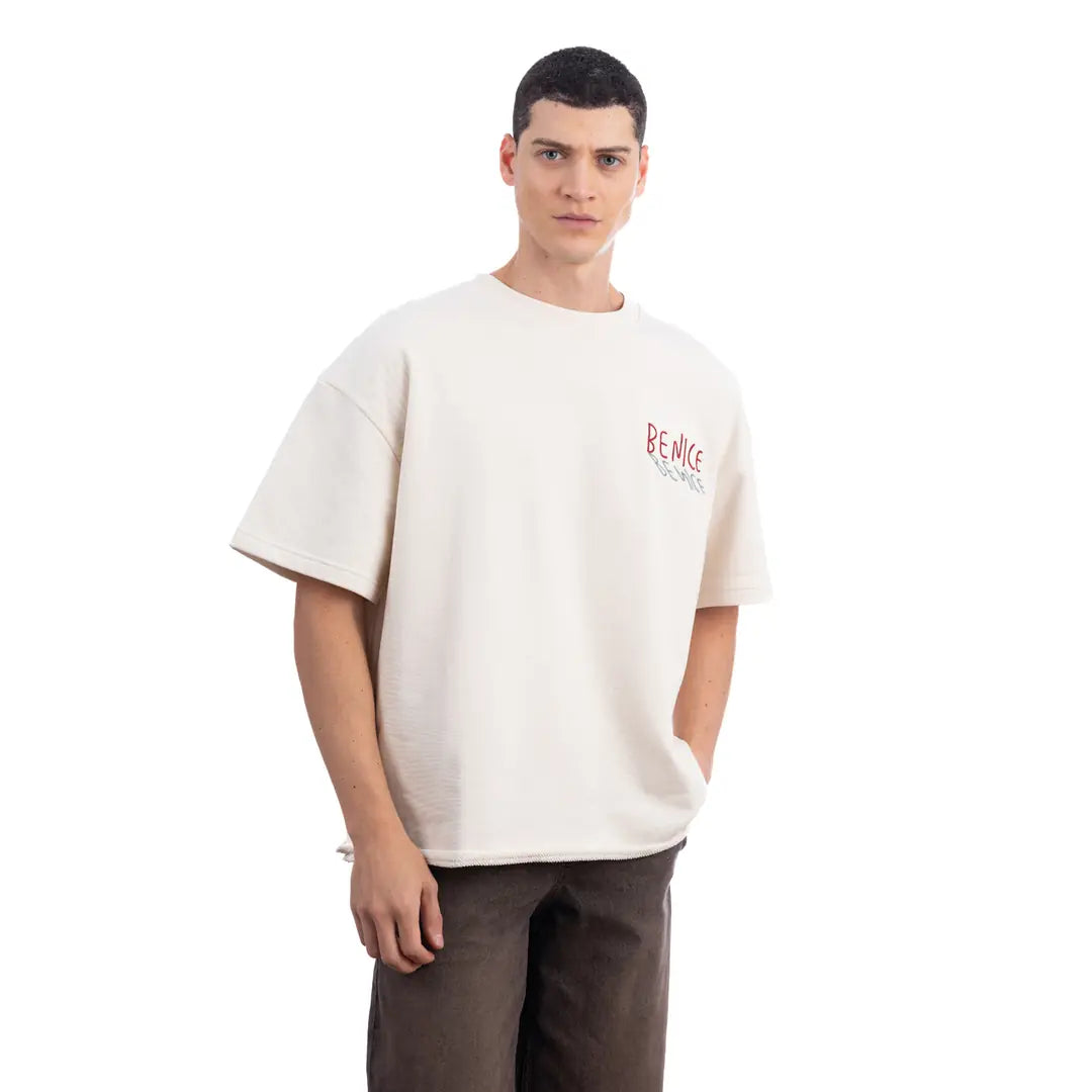 Vase Nakış Oversize Ekru T-Shirt