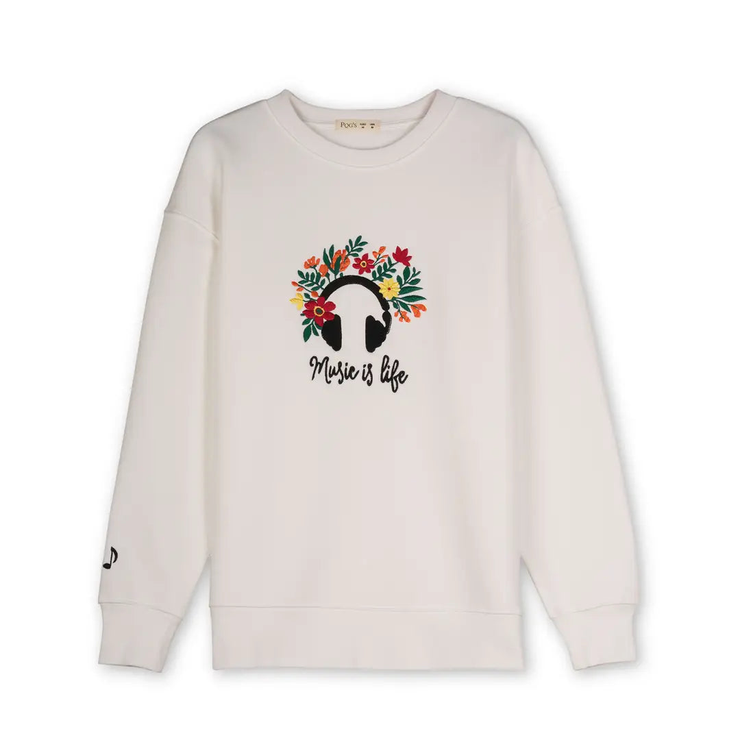 Music Nakış Detaylı Oversize Beyaz Sweatshirt