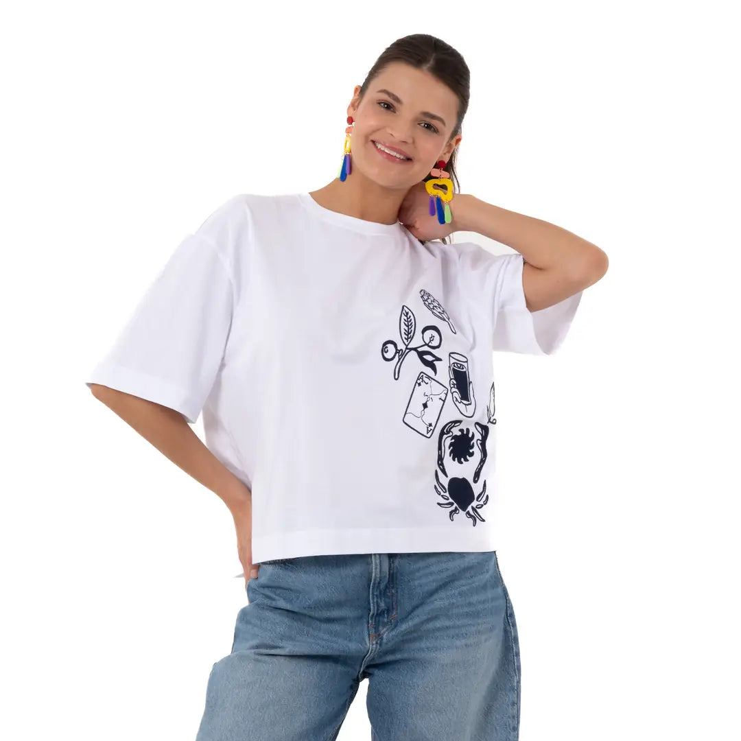 Ace Crop Oversize Beyaz T-Shirt