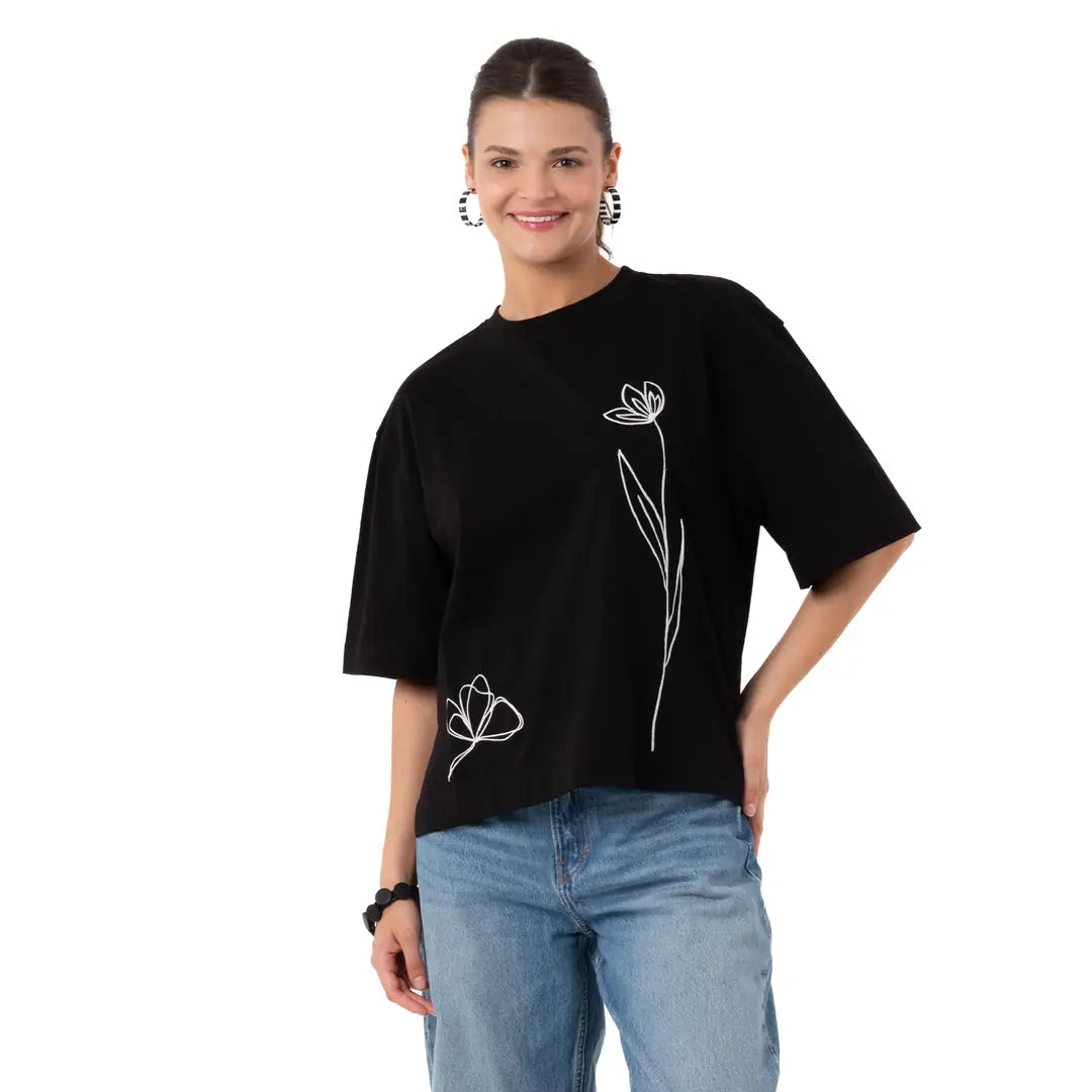 Two Flowers Crop Oversize Siyah T-Shirt