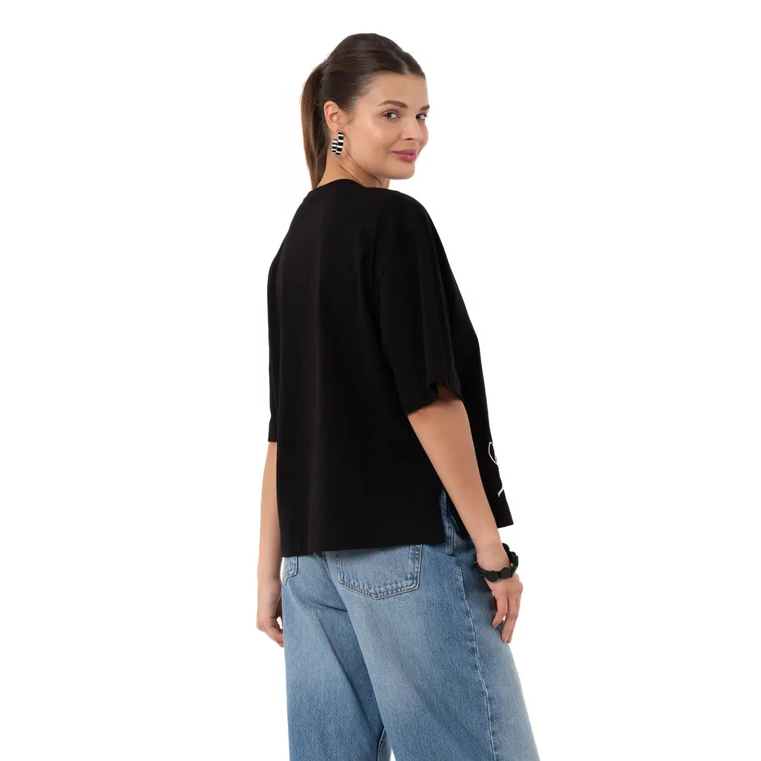 Two Flowers Crop Oversize Siyah T-Shirt