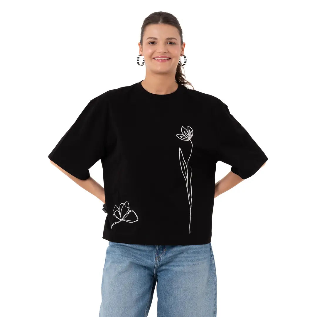 Two Flowers Crop Oversize Siyah T-Shirt