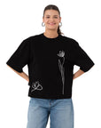 Two Flowers Crop Oversize Siyah T-Shirt