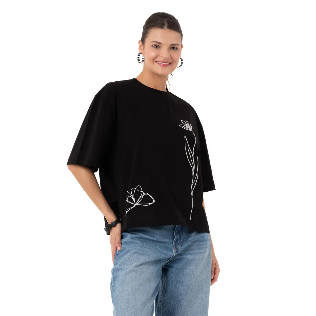 Two Flowers Crop Oversize Siyah T-Shirt