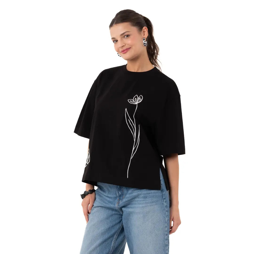 Two Flowers Crop Oversize Siyah T-Shirt