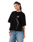 Two Flowers Crop Oversize Siyah T-Shirt