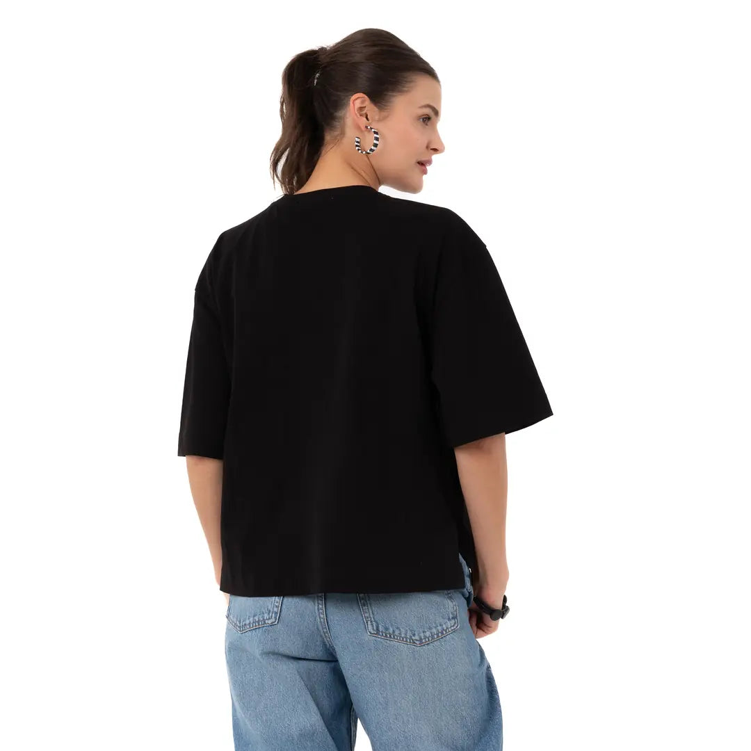 Two Flowers Crop Oversize Siyah T-Shirt