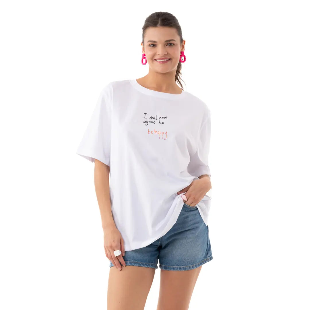 Be Happy Oversize Beyaz T-Shirt