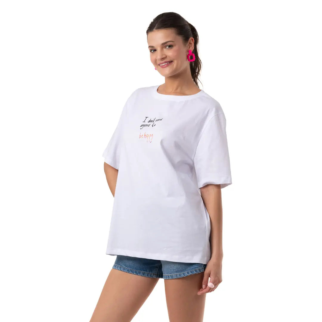 Be Happy Oversize Beyaz T-Shirt
