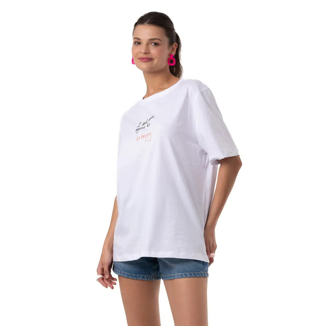 Be Happy Oversize Beyaz T-Shirt