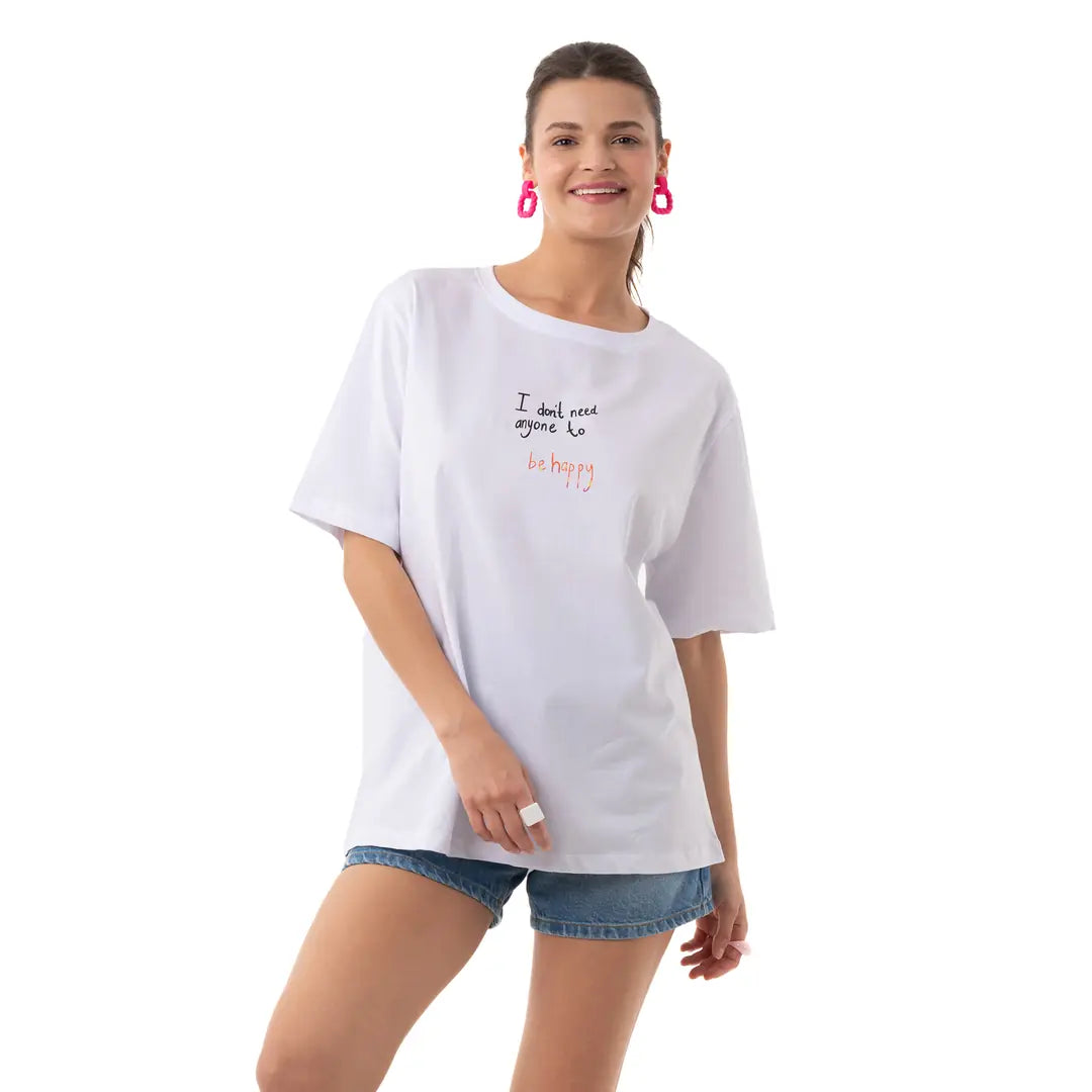 Be Happy Oversize Beyaz T-Shirt