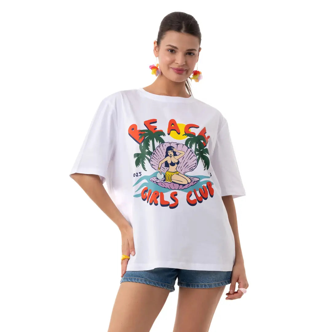 Girls Club Oversize Beyaz T-Shirt