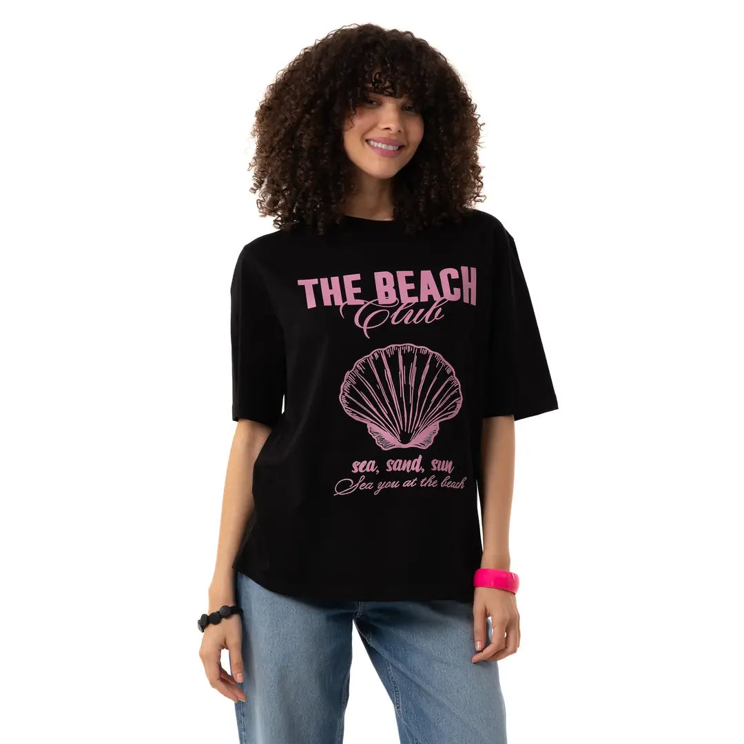 Beach Oversize Siyah T-Shirt