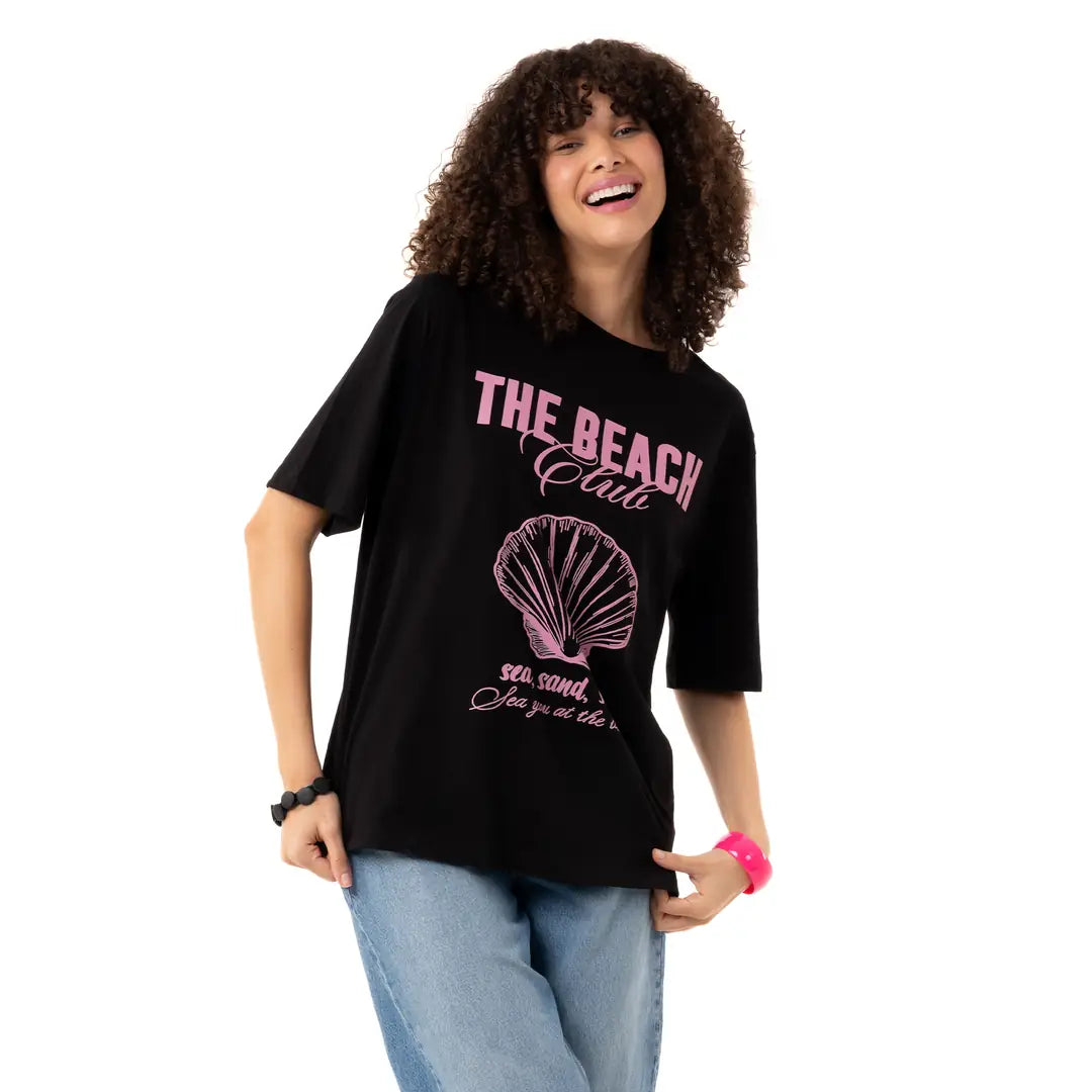 Beach Oversize Siyah T-Shirt