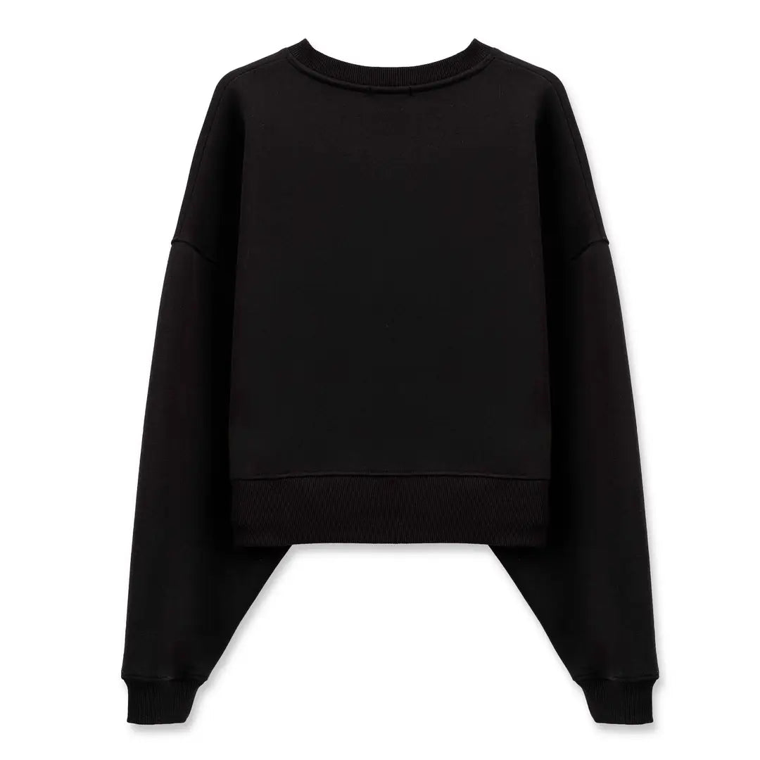 Black Crop Oversize Nakış Detaylı Sweatshirt