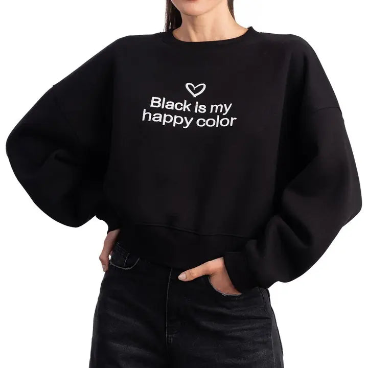 Black Crop Oversize Nakış Detaylı Sweatshirt