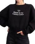 Black Crop Oversize Nakış Detaylı Sweatshirt