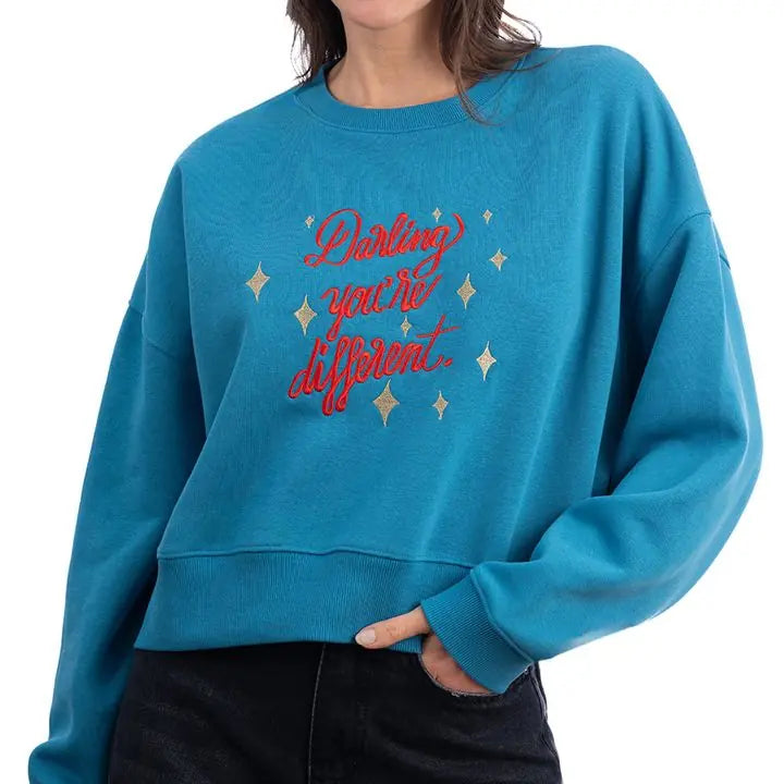 Darling Crop Oversize Nakış Detaylı Sweatshirt
