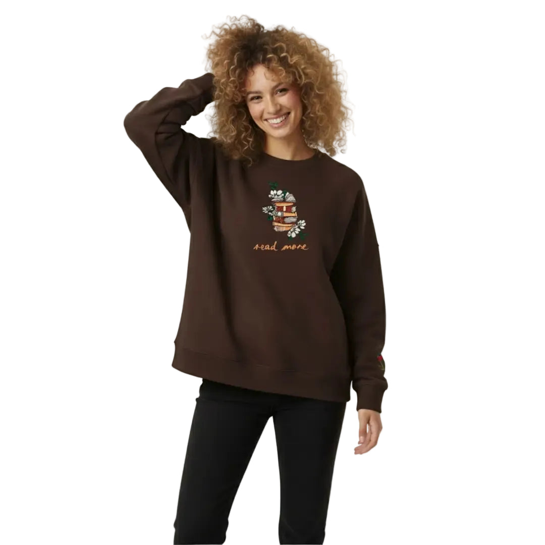 Books Nakış Detaylı Oversize Kahverengi Sweatshirt
